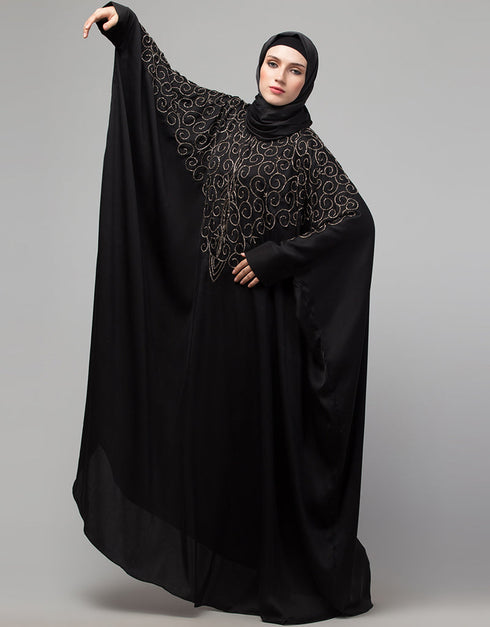 Trendy Black Shine Nida Golden Embroidery Abaya Side View